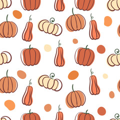 Seamless autumn pattern with stylized pumpkins and shapes. Flat vector background