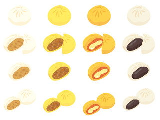 肉まん、カレーまん、ピザまん、あんまんセット　Various meat bun vector illustrations