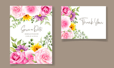 Beautiful hand drawing wedding invitation watercolor floral design