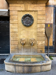 Fontaine des Bagniers, a fountain in the center of Aix en Provence with a medallion portrait of...