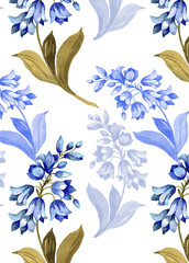 Fototapeta premium Bluebells flowers branches watercolor isolated on white background seamless pattern for all prints.