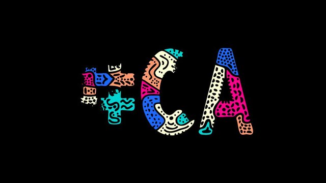 Hashtag #CA. Animated text. Transparent Alpha channel, 4K video. Colored funny doodle letters, unique style. Trendy popular Hashtag CA is abbreviation for the US American state California
