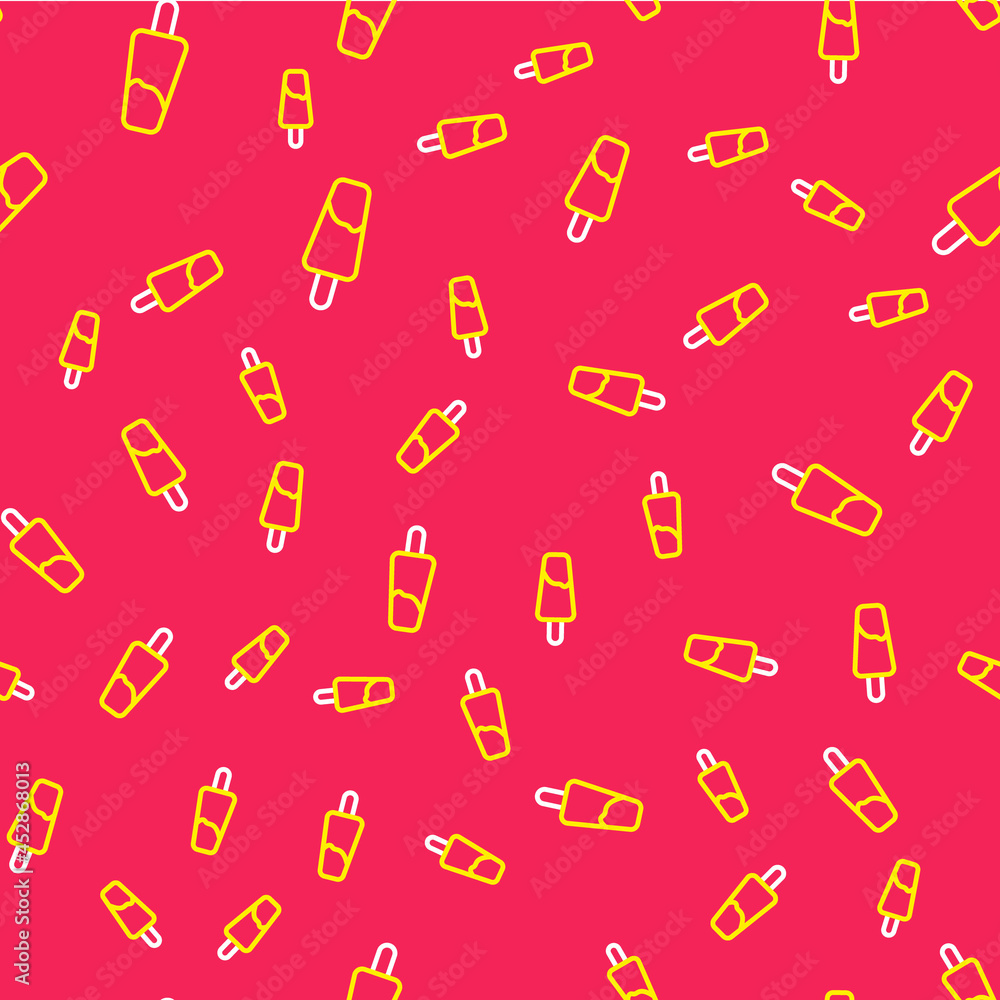 Poster line popsicle ice cream on wooden stick icon isolated seamless pattern on red background. vector