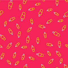 Line Popsicle ice cream on wooden stick icon isolated seamless pattern on red background. Vector