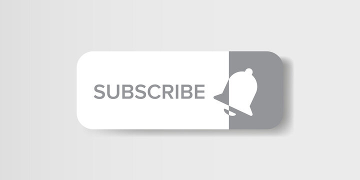 PrintWhite paper subscribes button with ring bell isolated on stylish grey background. Subscribe banner template with white paper Subscribe video channel button