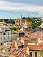 Skyline of the city of Salon de Provence with a view on the Tour de l'Horloge, a famous bell tower,...