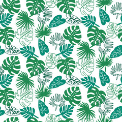 Seamless tropical jungle green pattern background with palm leaves