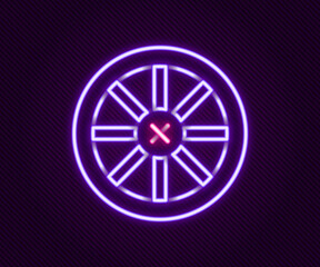Glowing neon line Old wooden wheel icon isolated on black background. Colorful outline concept. Vector