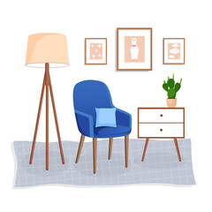 Cute interior with modern furniture and plants. Design of a cozy living room with soft chair, pillow, carpet, house plant, pictures and lamp. Vector flat style illustration.