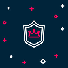 Line Shield with crown icon isolated on blue background. Colorful outline concept. Vector