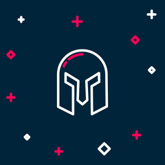 Line Medieval iron helmet for head protection icon isolated on blue background. Colorful outline concept. Vector