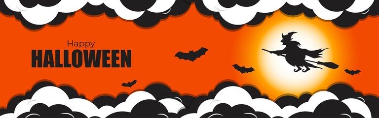 Vector illustration of halloween festival with scary pumpkins, flying bats, witch and her broom in front of fullmoon, spooky night Halloween poster.