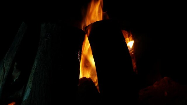 Fire and bonfire at night in nature. Open fire in nature. Picnic bonfire close-up.