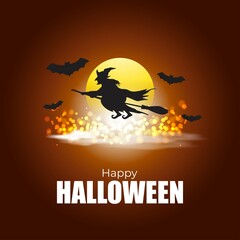 Vector illustration of halloween festival with scary pumpkins, flying bats, witch and her broom in front of fullmoon, spooky night Halloween poster.