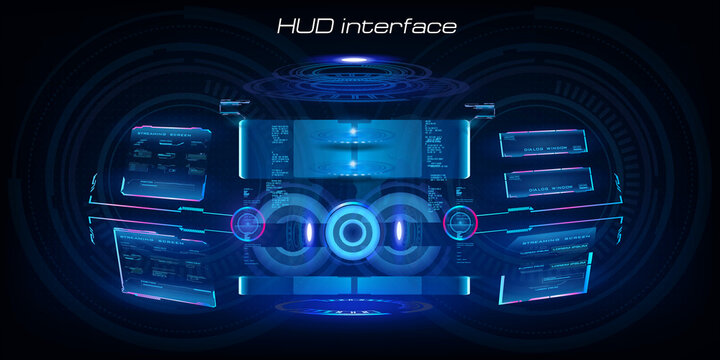 Futuristic virtual display HUD, GUI, UI. Holographic custom virtual reality panel. Holographic display with data and information. Holographic Video Game Helmet