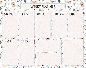 Elegant and cute weekly planner template with spring garden objects. Isolated organizer and schedule with notes and to do list for each day. Vector organizer design