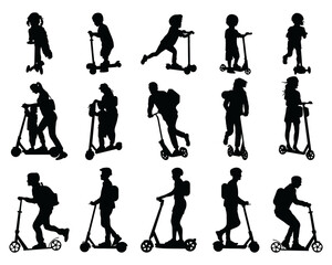 Black silhouettes of people riding a scooter on a white background, city vehicle for independent movement