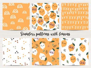 Fototapeta premium Set of seamless patterns with lemons.