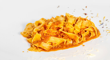 Pappardelle with meat sauce. Traditional italian food. Close up. Gourmet italian restaurant. - 452873090