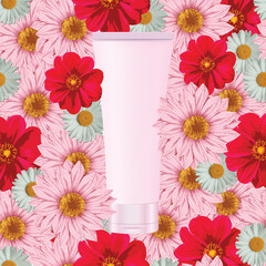 Cosmetic skin care product mock up advertising template on colorful flowers in background. Pink cosmetic tube packaging with blank label for branding. Vector and illustration design.