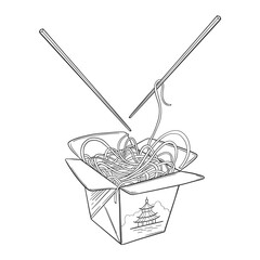 Wok vector drawing sketch. Isolated chinese box and chopsticks with noodles and vegetables. Hand drawn detailed fast asian food illustration. Great for banner, poster, sign