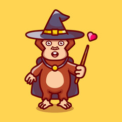 Halloween cute monkey wizard with hat, cloak, love and wand