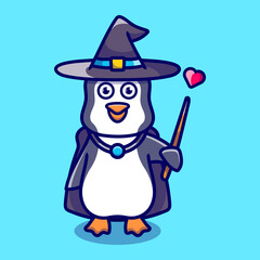 Halloween cute penguin wizard with hat, cloak, love and wand