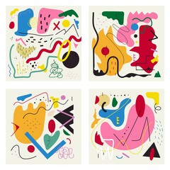 Abstract print design collection with doodle elements. Colored poster, fashion pattern with geometric elements