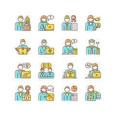 Company staff related RGB color icons set. Chief executive officer. Customer support. Sales representative. Company workers team. Isolated vector illustrations. Simple filled line drawings collection
