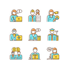 Employees team RGB color icons set. Accountant. Security guard. Sales epresentative. Staff of organization. Team of workers. Isolated vector illustrations. Simple filled line drawings collection