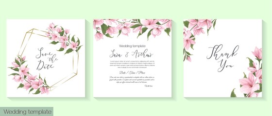 Vector floral template for wedding invitations. Branches of pink sakura, magnolia. 