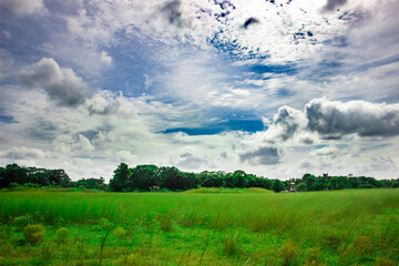 A natural green land under the cloudy sky. I captured this image on August-20-2021 from Bangladesh, South Asia