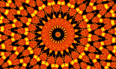 Orange rays stars on black retro textured pattern 70s. Abstract unique kaleidoscope background. Beautiful kaleidoscope seamless pattern. Seamless kaleidoscope texture