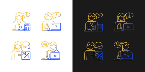 Female assistant gradient icons set for dark and light mode. Employee staff. Company workers team. Thin line contour symbols bundle. Isolated vector outline illustrations collection on black and white