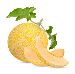 Cantaloupe with leaves isolated on white background