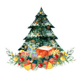 クリスマスツリーとプレゼントの水彩画