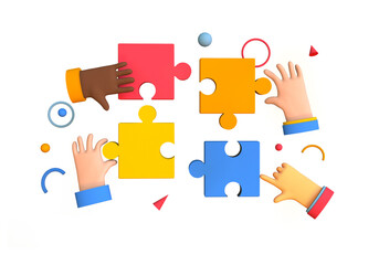Hands joining and connecting puzzle pieces together. Problem solving, business concept. Trendy 3d illustration on white background. 