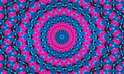 Cyan flower on pink star background. Detailed wallpaper with many circles, squares and decorative flowers in rows and columns in pink and a glowing exotic flower, star in the center in cyan color