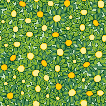 Vector green tightly arranged fun daisy flowers repeat pattern with yellow polkodot center. Suitable for textile, gift wrap and wallpaper.