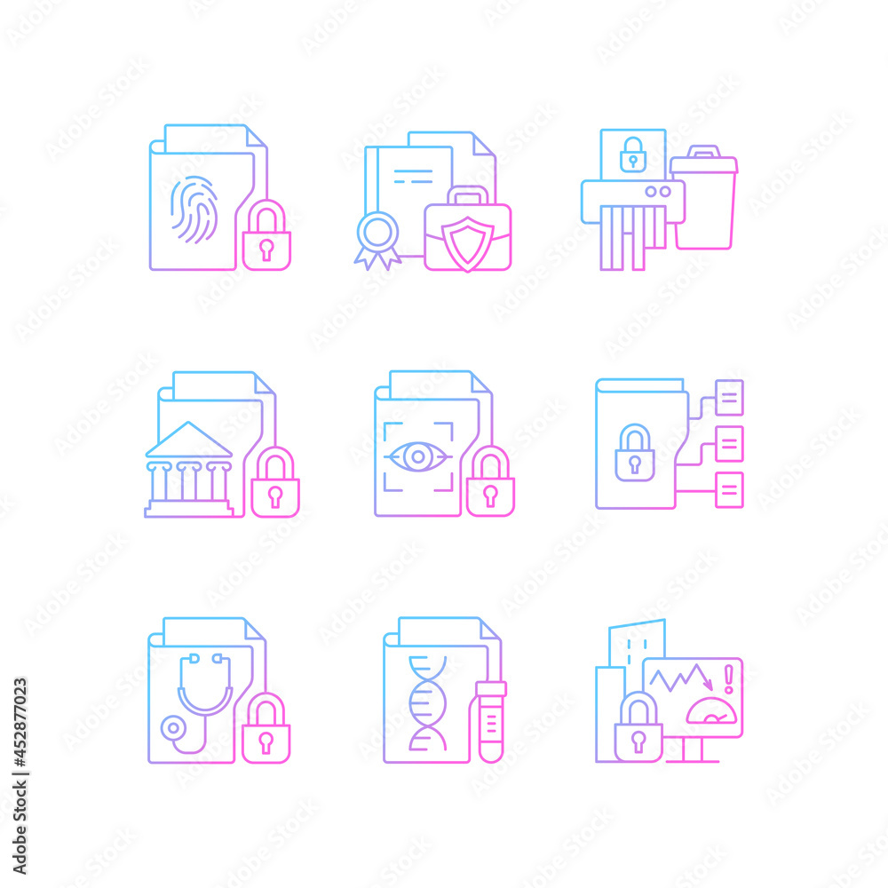 Poster confidential information types gradient linear vector icons set. biometric data. paper shredding. na