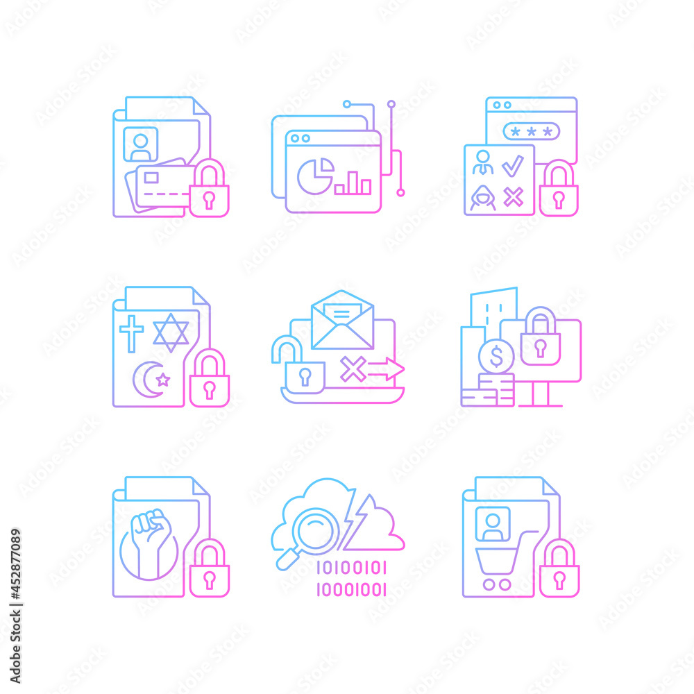 Poster personal information gradient linear vector icons set. financial data. analytical tool. authorizatio