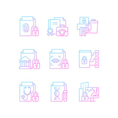 Confidential information types gradient linear vector icons set. Biometric data. Paper shredding. National security. Thin line contour symbols bundle. Isolated outline illustrations collection