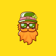 Saint Patricks Day greeting card. Irish Leprechaun with green hat, red mustache, red beard and funky hipster sunglasses isolated on yellow. Saint Patrick label or line art cartoon style icon.