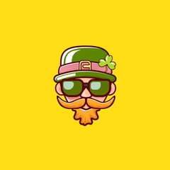 Saint Patricks Day greeting card. Irish Leprechaun with green hat, red mustache, red beard and funky hipster sunglasses isolated on yellow. Saint Patrick label or line art cartoon style icon.