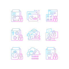 Personal information gradient linear vector icons set. Financial data. Analytical tool. Authorization. Religious beliefs. Thin line contour symbols bundle. Isolated outline illustrations collection