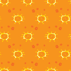 Fototapeta na wymiar Vector sunny orange rows of cute sun doodle seamless background pattern. Suitable for textile, gift wrap and wallpaper.