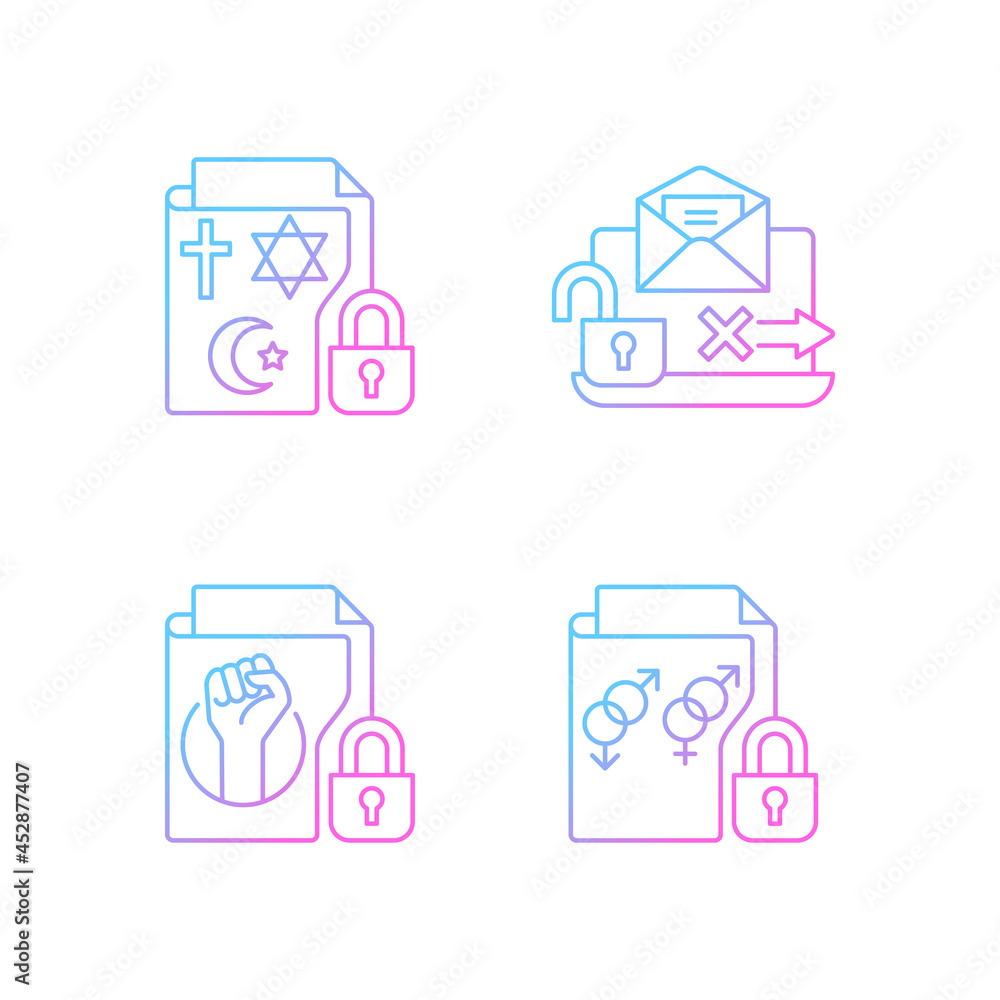 Poster data confidentiality gradient linear vector icons set. religious beliefs info. unencrypted email. se