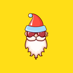 Santa Claus head with Santa red hat and hipster sunglasses isolated on yellow Christmas background. Santa label or sticker design