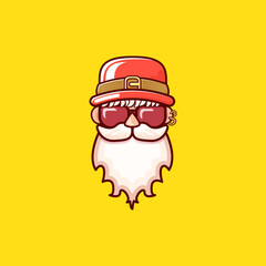 Santa Claus head with Santa red hat and hipster sunglasses isolated on yellow Christmas background. Santa label or sticker design