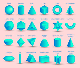 Realistic 3D blue geometric shapes isolated on pink background. Maths geometrical figure form, realistic shapes model. Platon solid. Geometric shapes icons for education, business, design. - obrazy, fototapety, plakaty